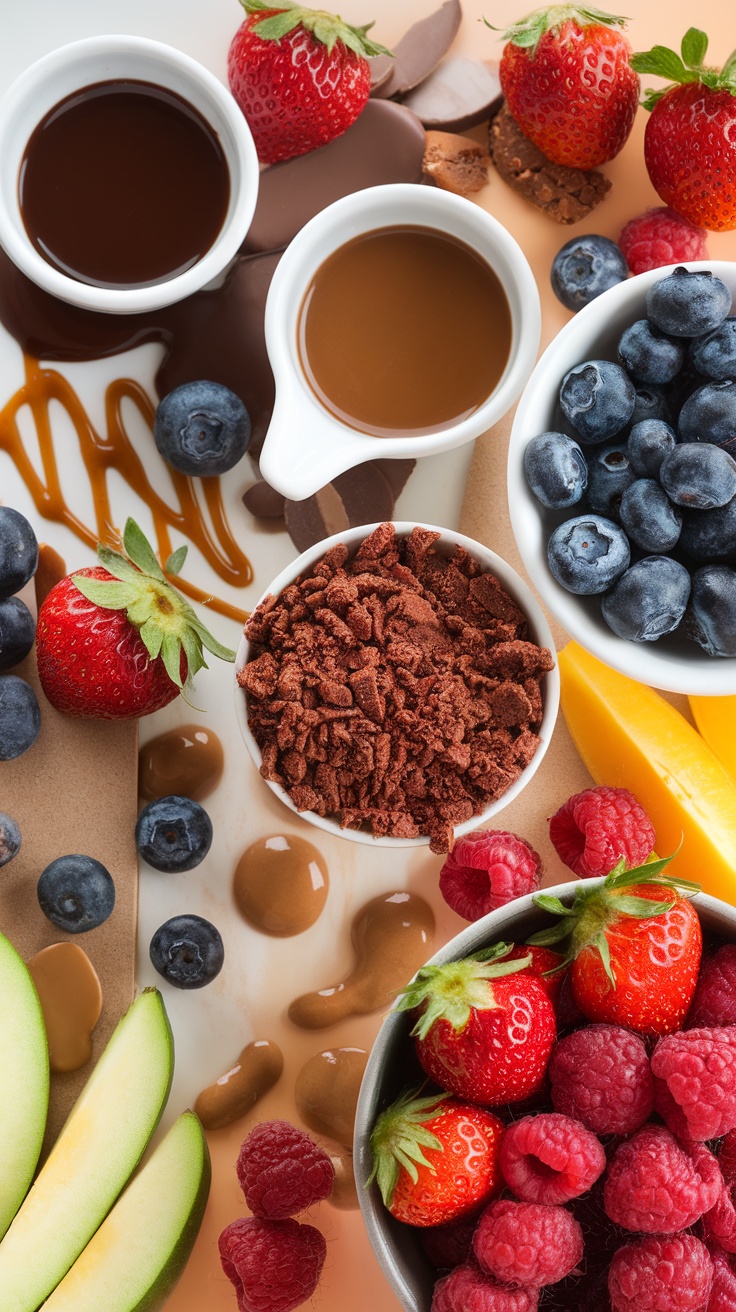 A selection of toppings and add-ins for customizing a vanilla bean frappuccino, including fruits, syrups, and chocolate.