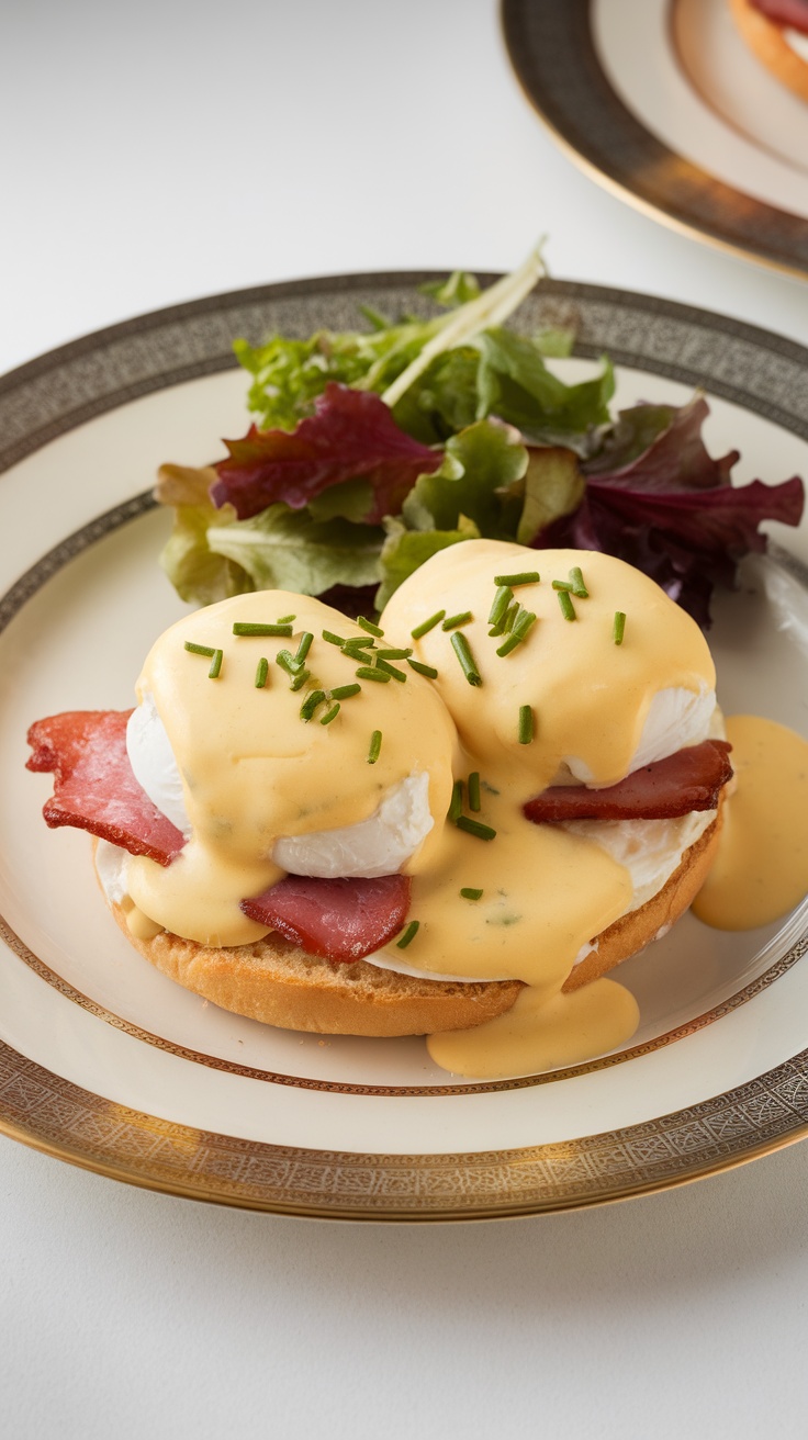 A plate of Eggs Benedict with poached eggs, Canadian bacon, and hollandaise sauce on English muffins, garnished with chives.