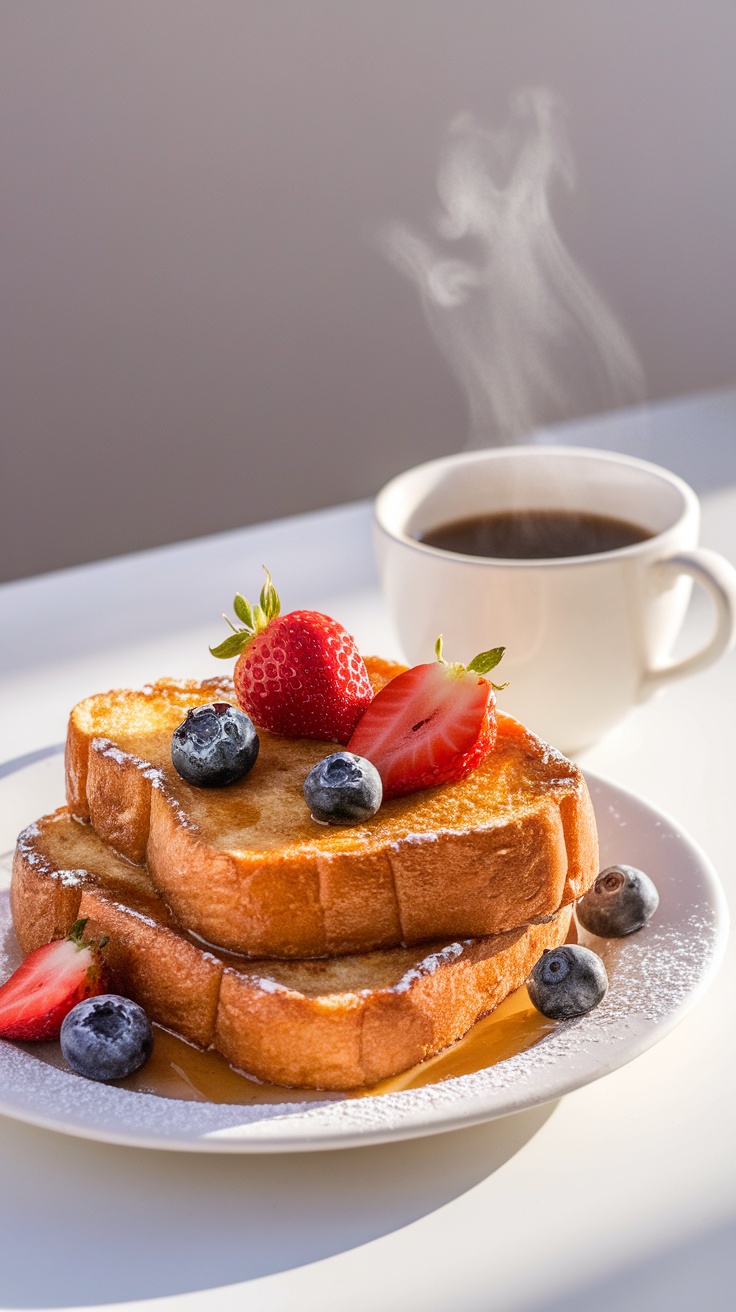 A delicious plate of French toast topped with strawberries and blueberries, served with a cup of coffee.