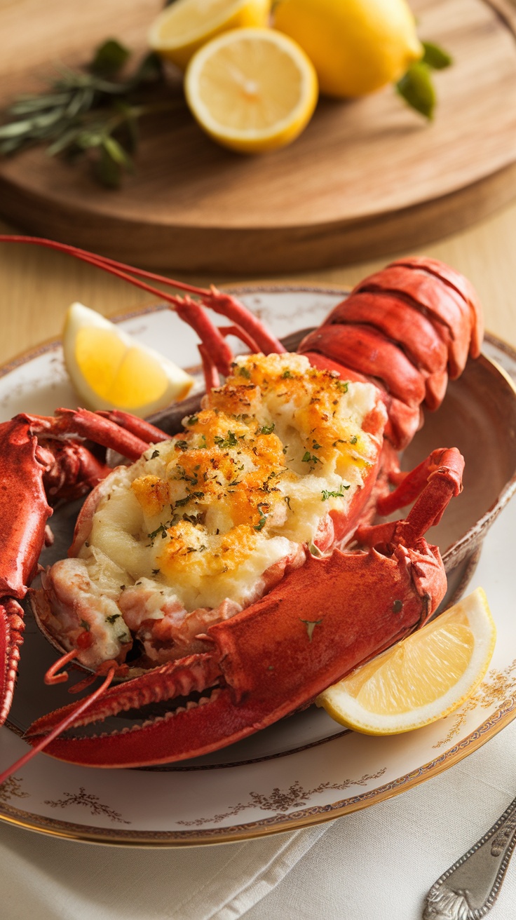 A beautifully plated Lobster Thermidor, showcasing lobster meat in a creamy sauce with breadcrumbs on top.