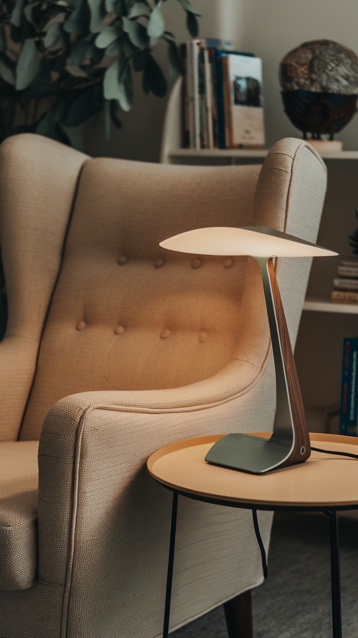 A stylish mid-century modern lamp on a small table next to a beige armchair.