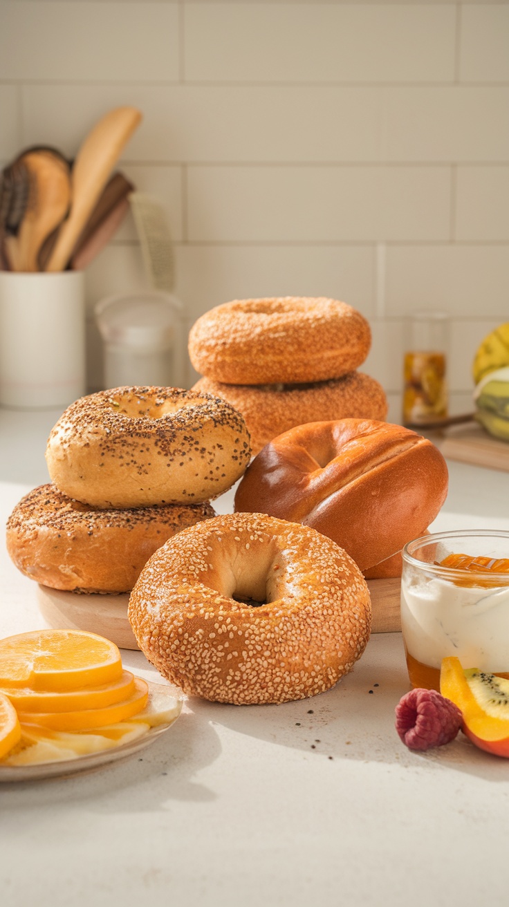 Homemade protein bagels with a plate of sliced oranges and a cup of yogurt.