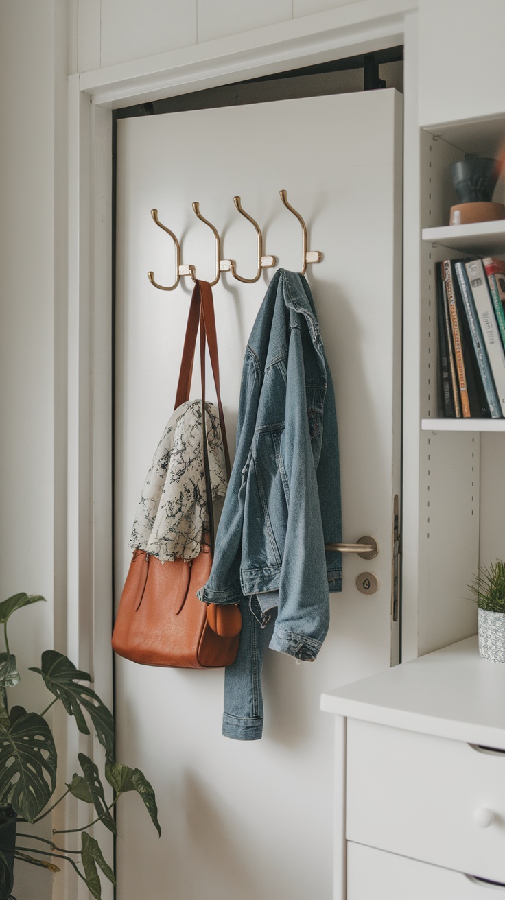 Over-the-door hooks with a denim jacket and a bag hanging on them