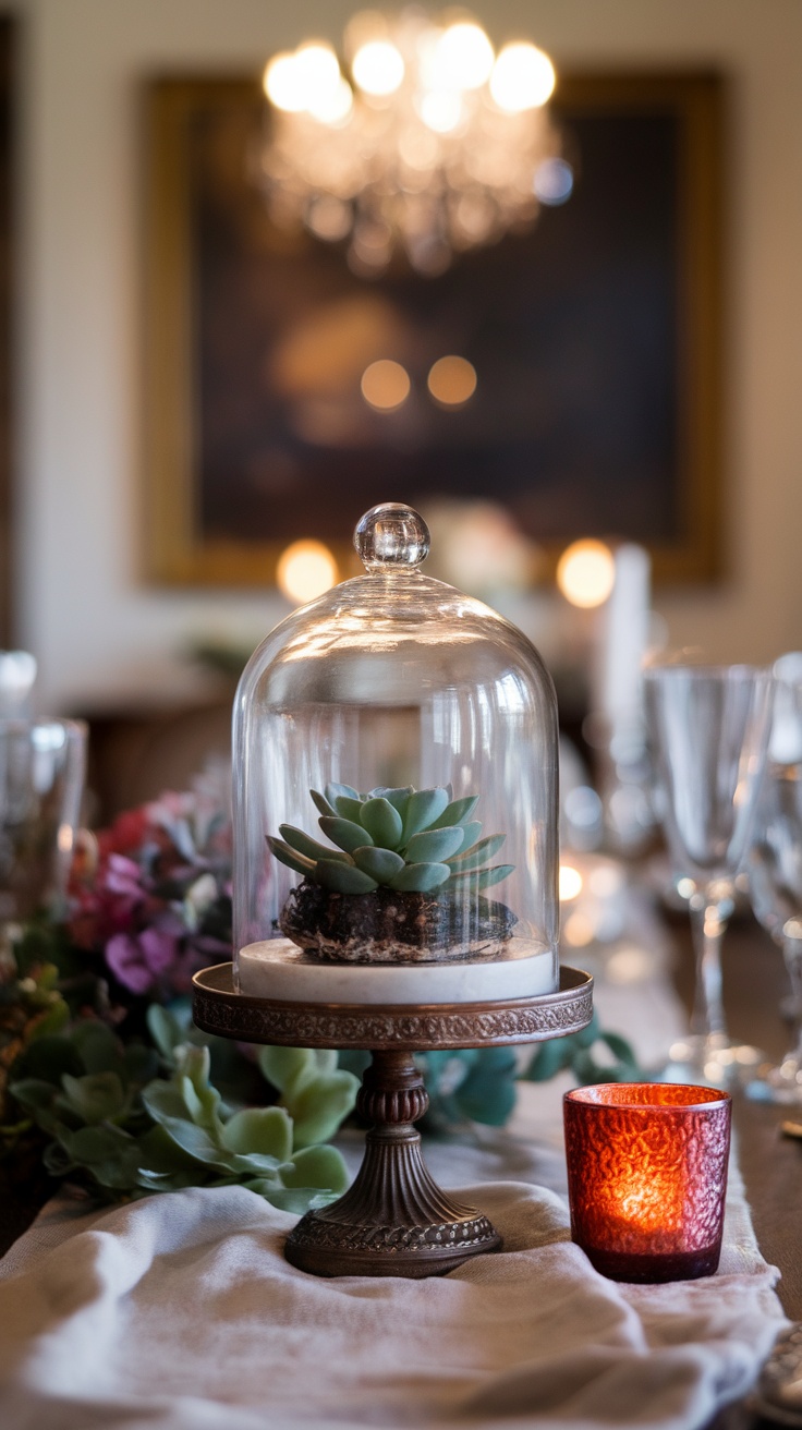 Vintage glass cloche with a succulent on a pedestal, surrounded by soft fabric and a glowing candle.