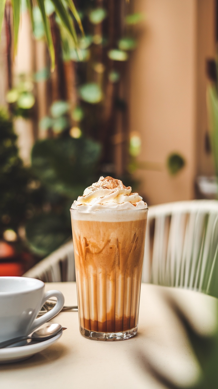 A refreshing Vanilla Bean Frappuccino topped with whipped cream, served in a glass.