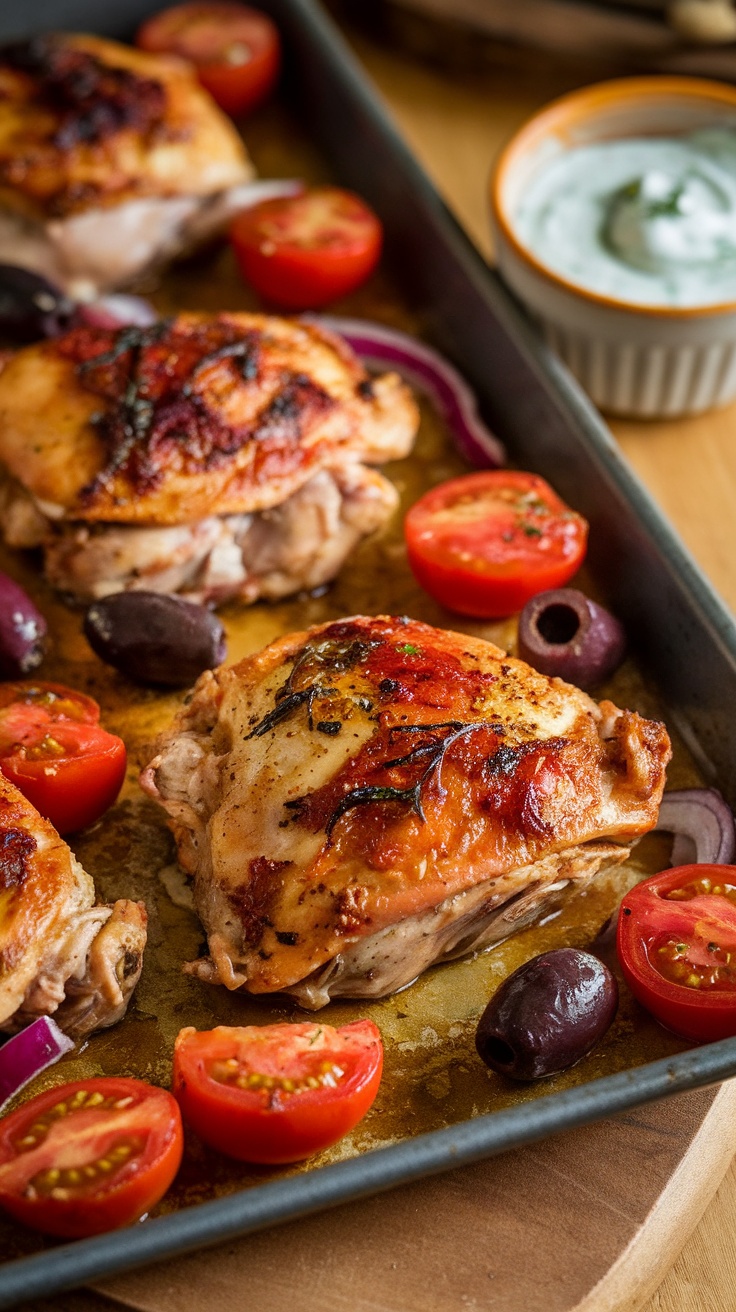 A delicious dish of Greek chicken served with tomatoes and olives on a sheet pan.