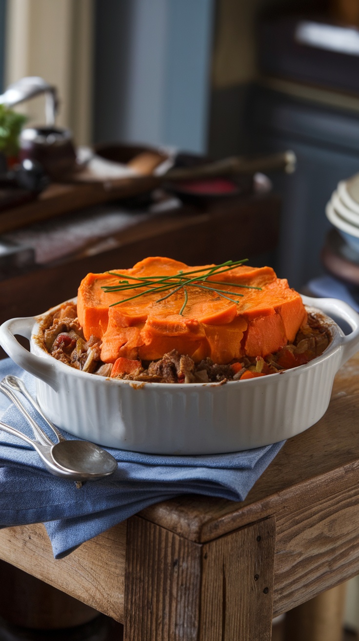 A delicious Shepherd's Pie topped with sweet potato.