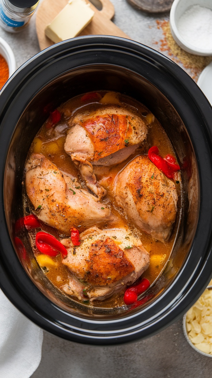 Slow Cooker Mississippi Chicken with flavorful spices and peppers