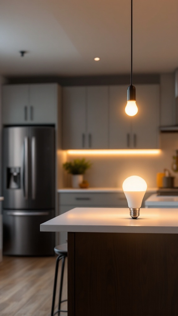 A modern kitchen with a Sylvania Smart+ LED light bulb on the counter and pendant lights above.