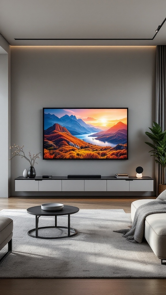 Modern living room featuring a large TV, multifunctional furniture, and layered lighting.