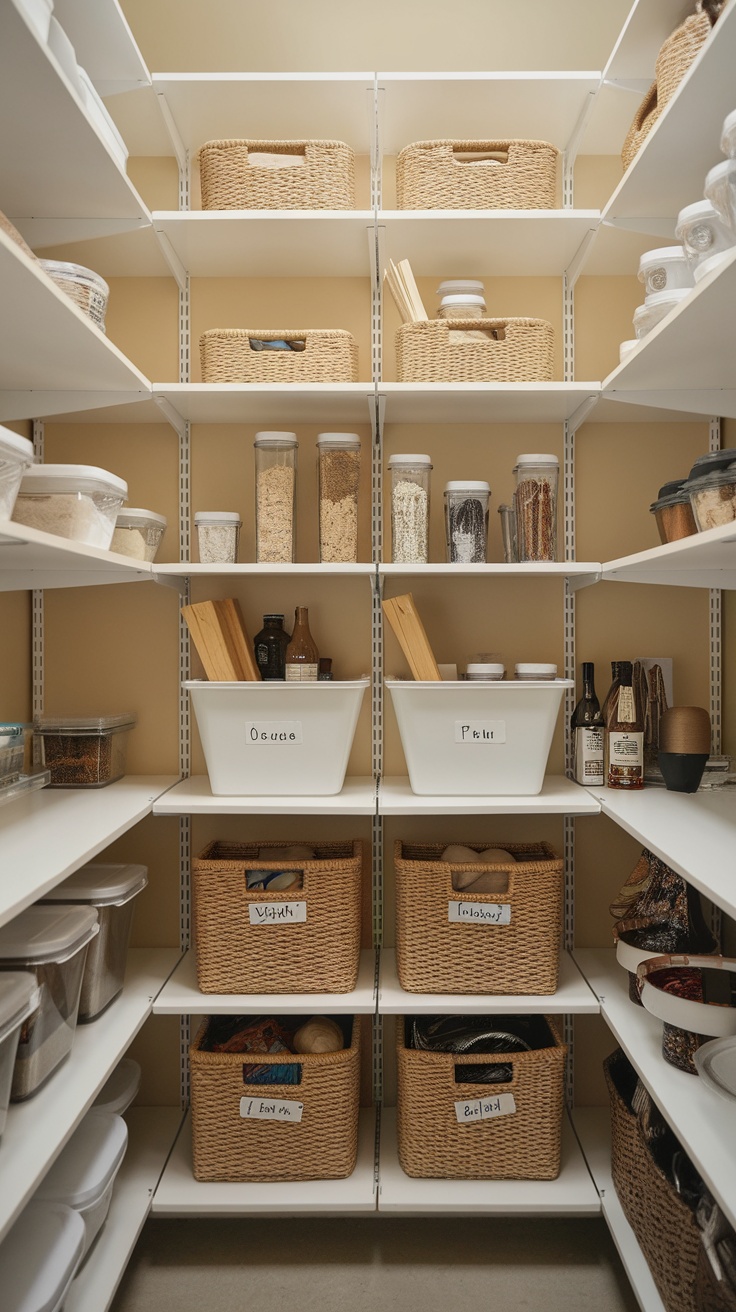 Organized pantry using The Container Store Elfa system with clear containers and labeled baskets.