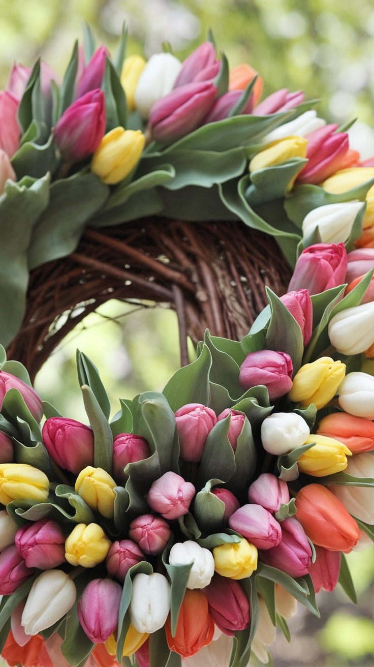 A colorful tulip wreath with pink, yellow, and white flowers on a brown vine base.