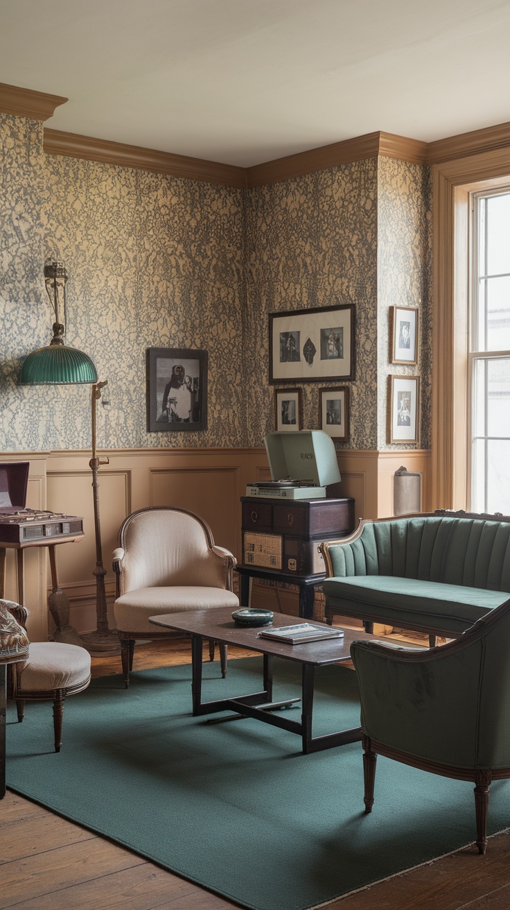A vintage styled living room featuring antique furniture, patterned wallpaper, and a cozy atmosphere.