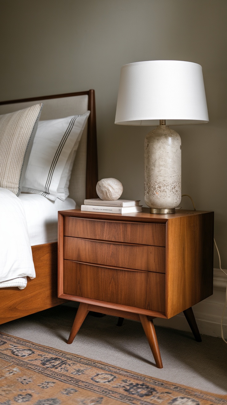 A cozy bedroom featuring a mid-century nightstand with a lamp, books, and a stone on top.