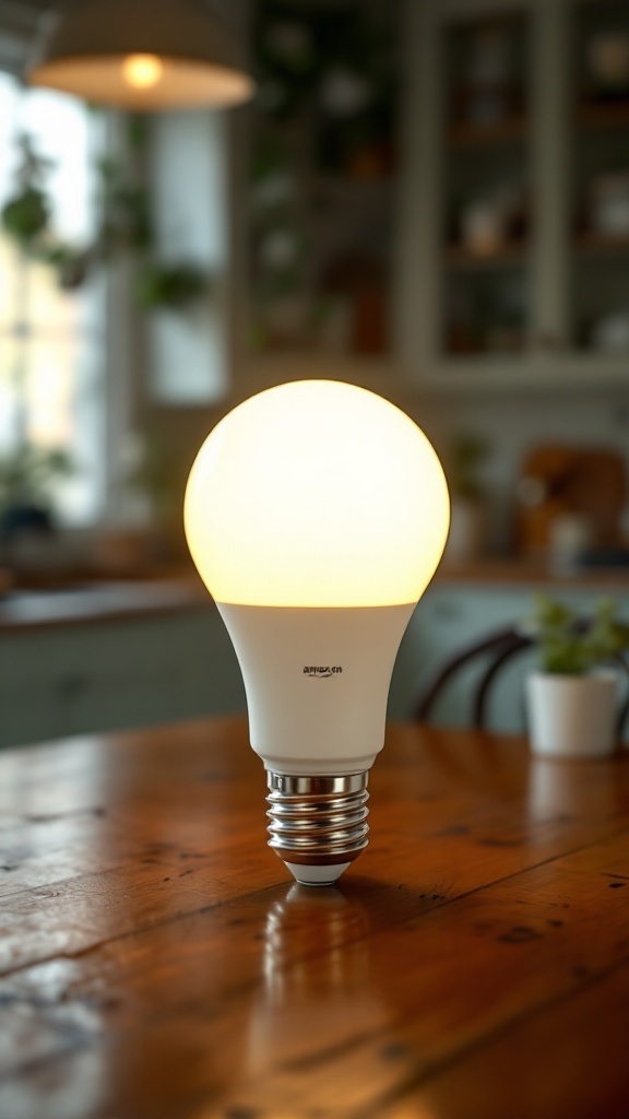 A warm white LED light bulb on a wooden table in a cozy kitchen setting.