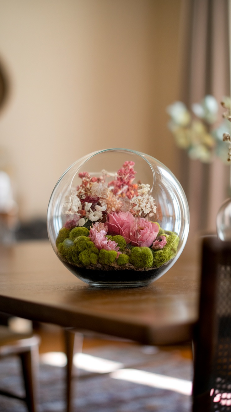 A beautiful floral terrarium featuring dried flowers and green moss, displayed as a centerpiece on a dining table.