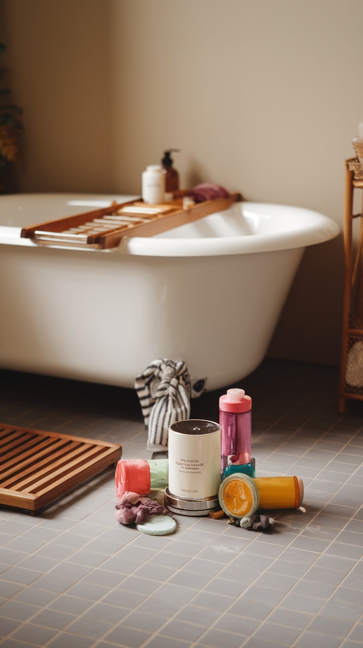 A cozy bathroom featuring a Bath & Body Works Wallflower diffuser along with bath products and a bathtub