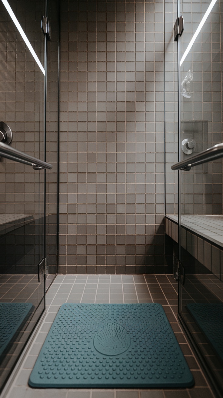 A teal Bath Bliss shower mat placed on grey tiled flooring in a modern shower
