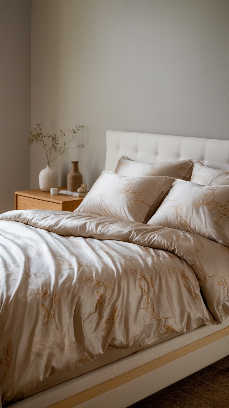A beautifully styled bedroom featuring Brooklinen Luxe Sateen Sheet Set in warm tones with decorative accents.