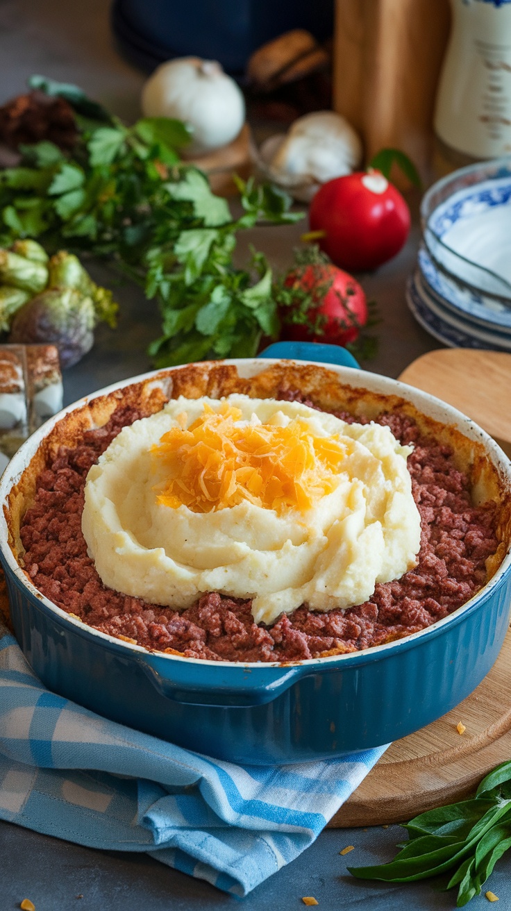 A hearty cottage pie with a crispy mashed potato topping.