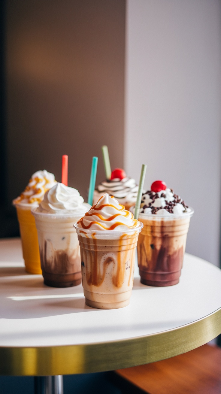 Homemade vanilla bean frappuccino with whipped cream and toppings.