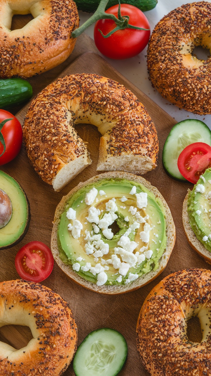 A collection of protein bagels topped with avocado and feta cheese, surrounded by fresh vegetables.