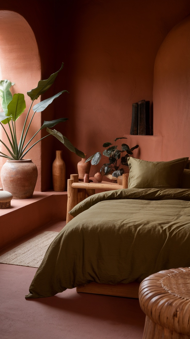 Cozy bedroom with earthy color palette featuring terracotta walls and green plants