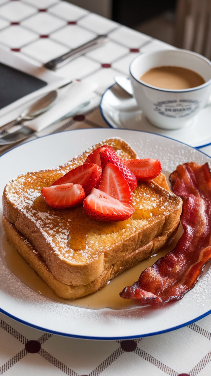 Delicious French toast topped with strawberries, served with bacon and coffee.