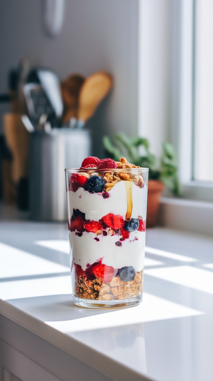 A glass of Greek yogurt parfait layered with berries and granola.