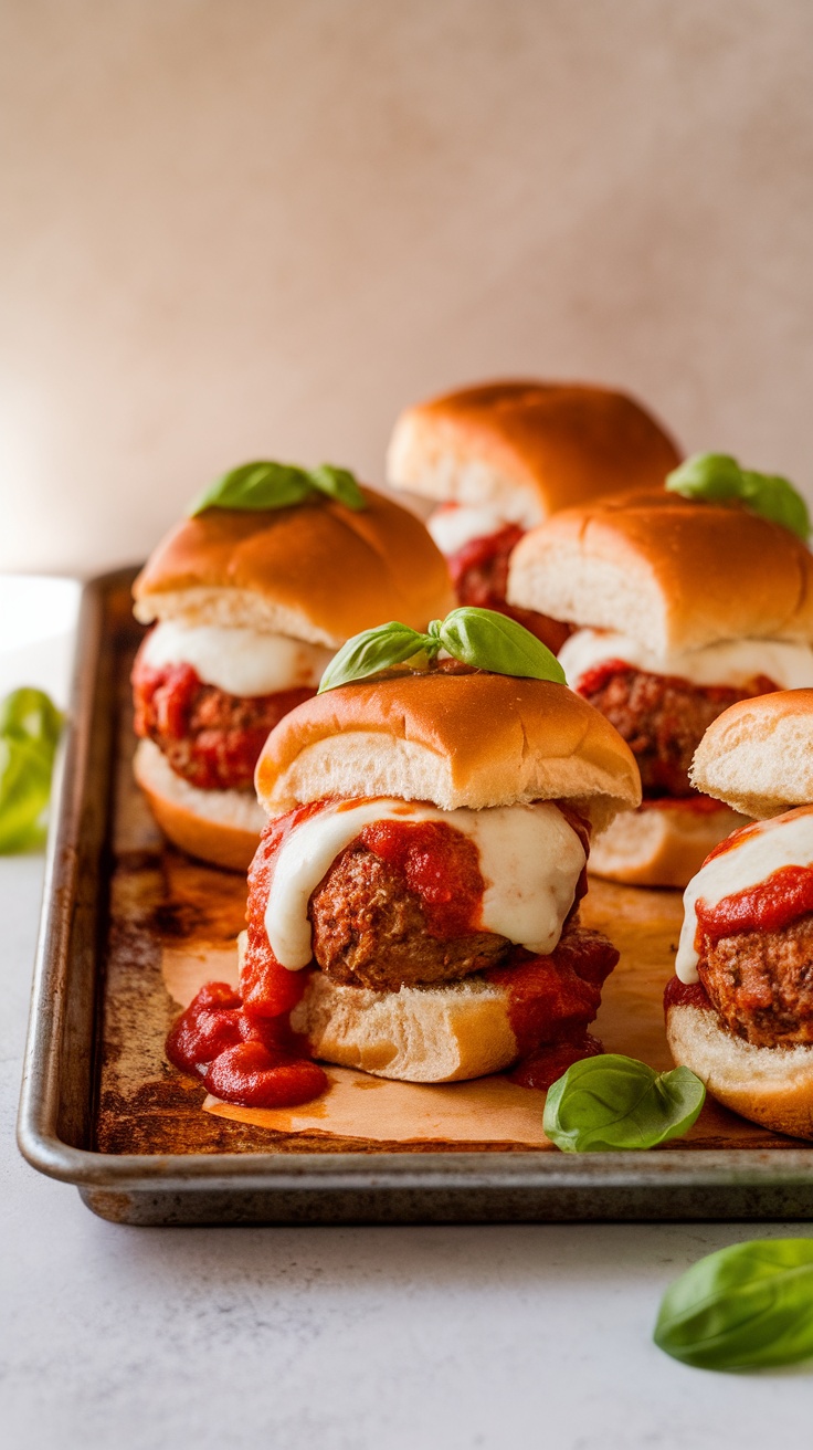 Delicious meatball sliders on a tray, topped with marinara sauce and mozzarella cheese.