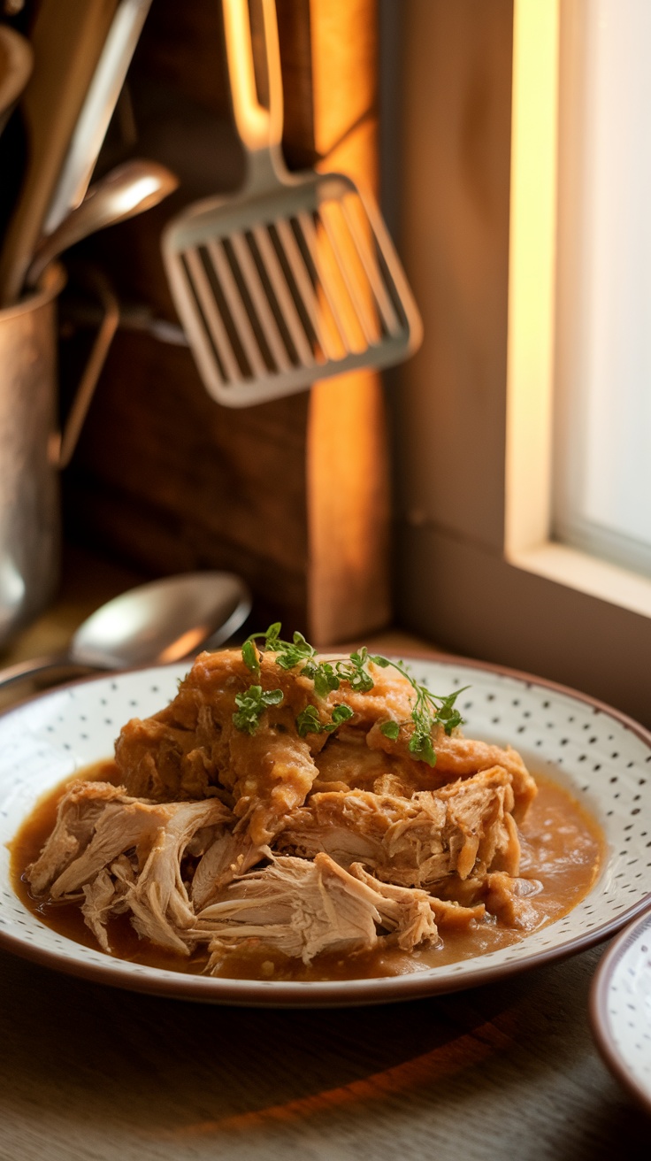 A plate of Mississippi chicken served with shredded meat and garnished with herbs.