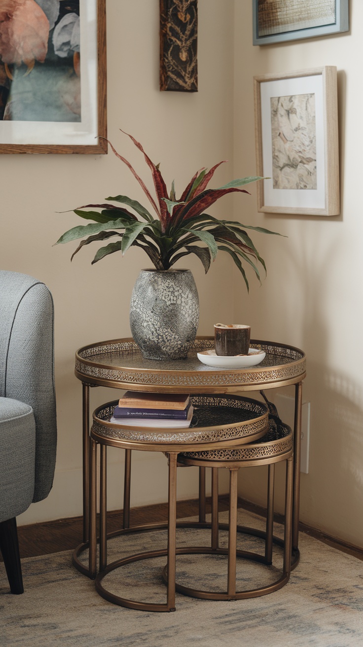 Nesting tables with a plant and books in a cozy living room setting