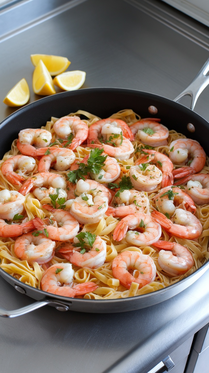 A delicious one-pan shrimp scampi with pasta, garnished with parsley and lemon slices.