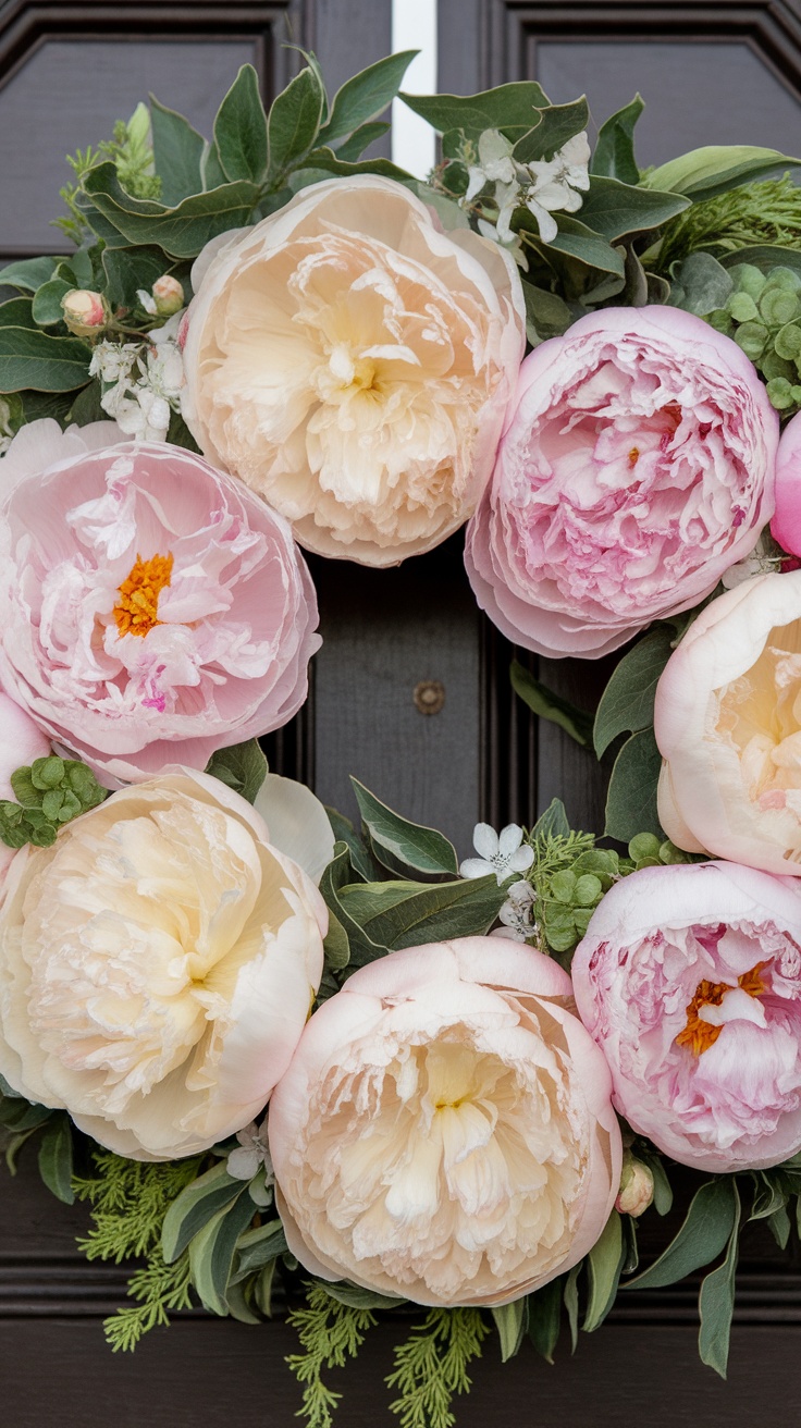 A beautiful peony wreath with pink and white flowers and green foliage, hung on a front door.