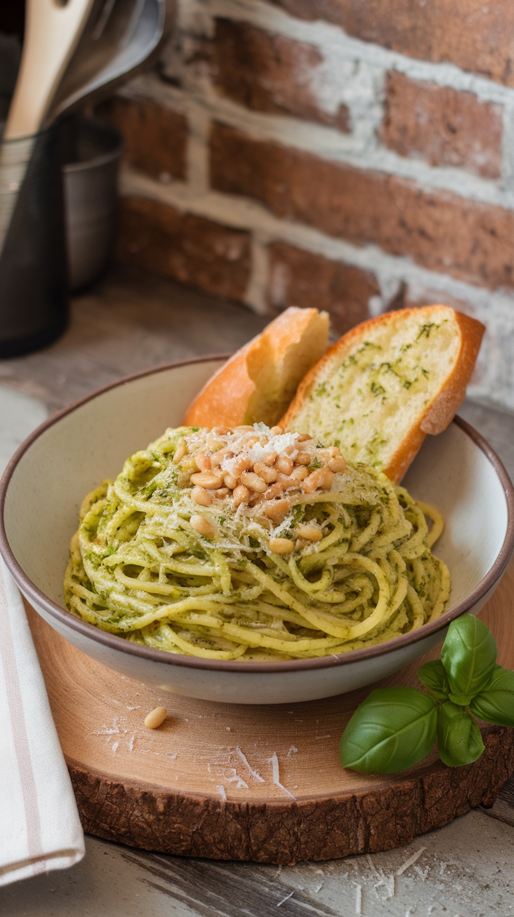 Bowl of pesto pasta garnished with pine nuts and served with garlic bread.