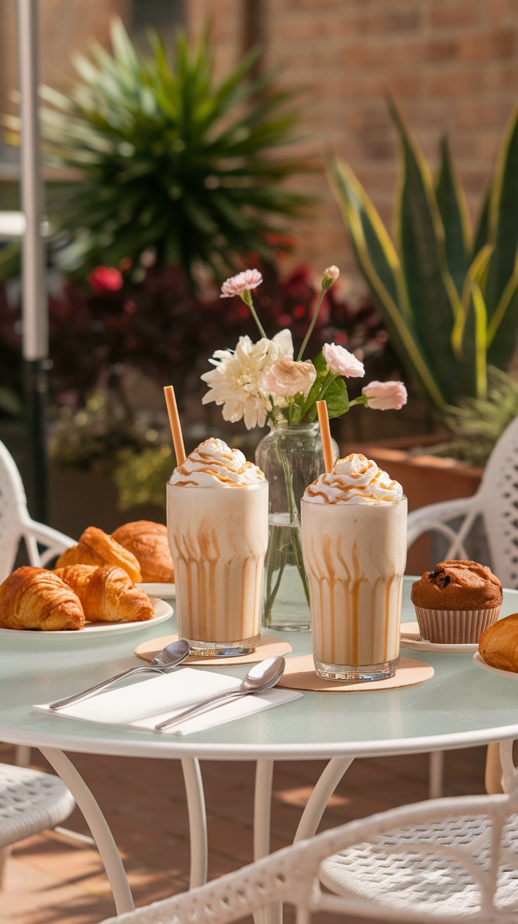 Two tall glasses of vanilla bean frappuccino topped with whipped cream and caramel syrup, served with pastries on a table.
