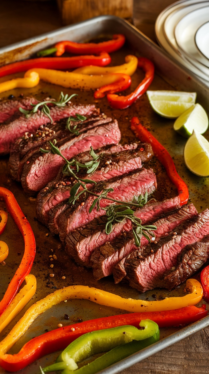 Deliciously sliced steak with colorful bell peppers on a sheet pan