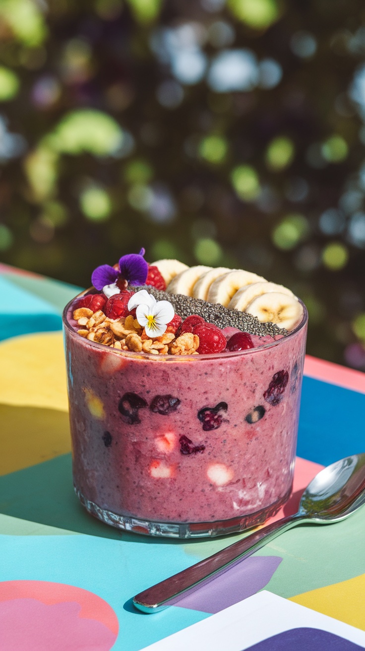 A vibrant smoothie bowl topped with fresh fruits, granola, and chia seeds.