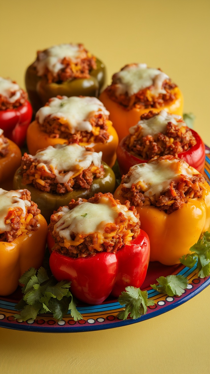 Colorful stuffed bell peppers filled with meat and cheese.