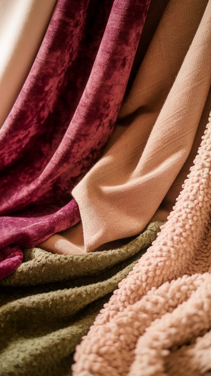 An assortment of textured fabrics in various colors including burgundy, pink, and green, showcasing a range of soft materials.