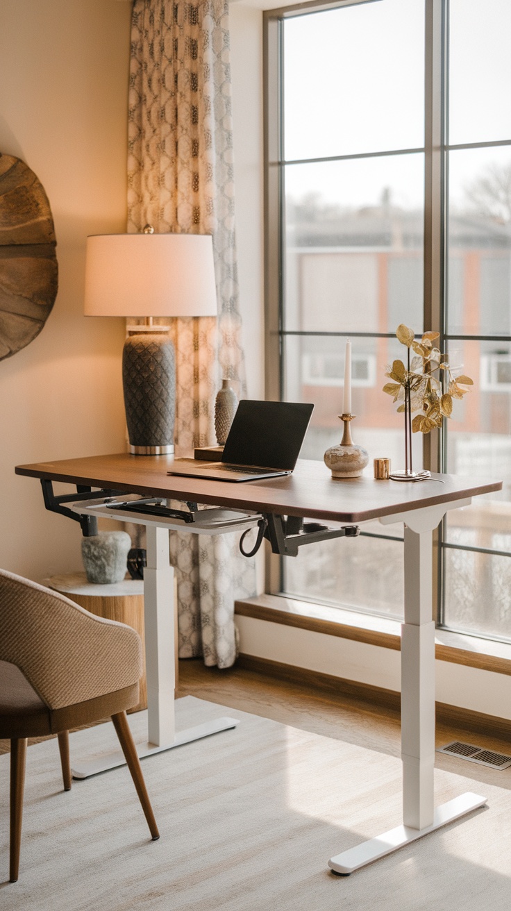 Stylish home office setup featuring an Uplift V2 standing desk with a laptop, lamp, and decorative items.