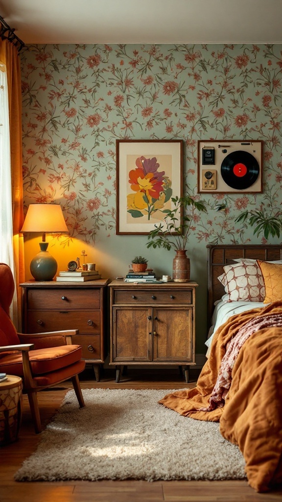 A vintage-inspired bedroom with floral wallpaper and rustic furniture.