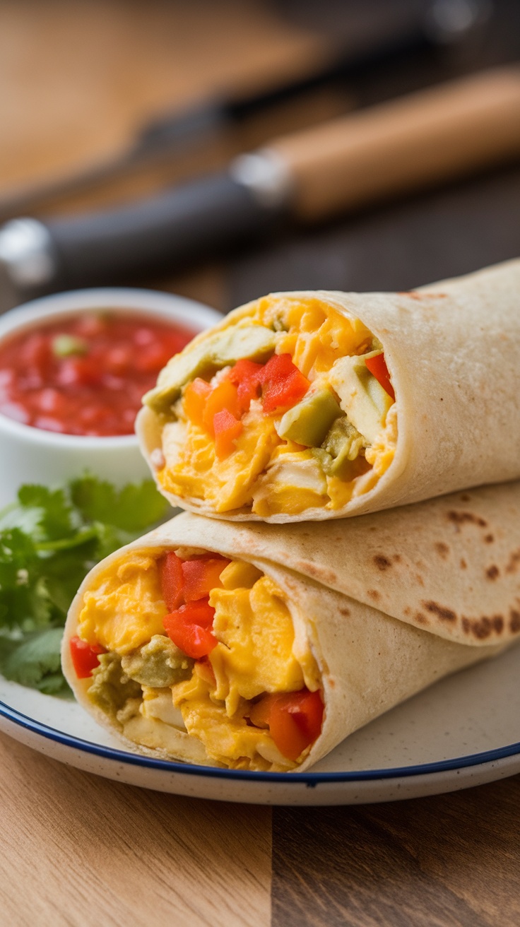 Breakfast burrito rolled with eggs, cheese, and vegetables, served with salsa.