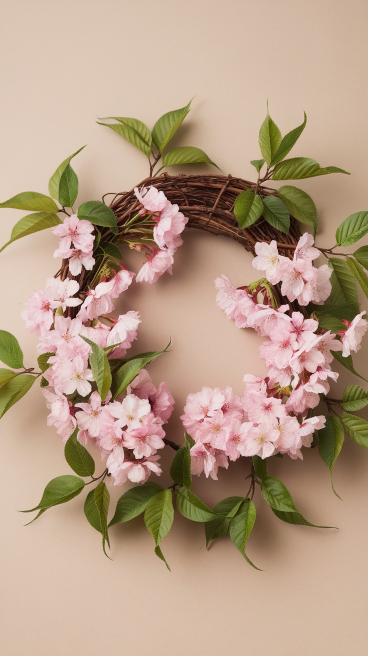 A cherry blossom wreath featuring soft pink flowers and green leaves on a grapevine base.