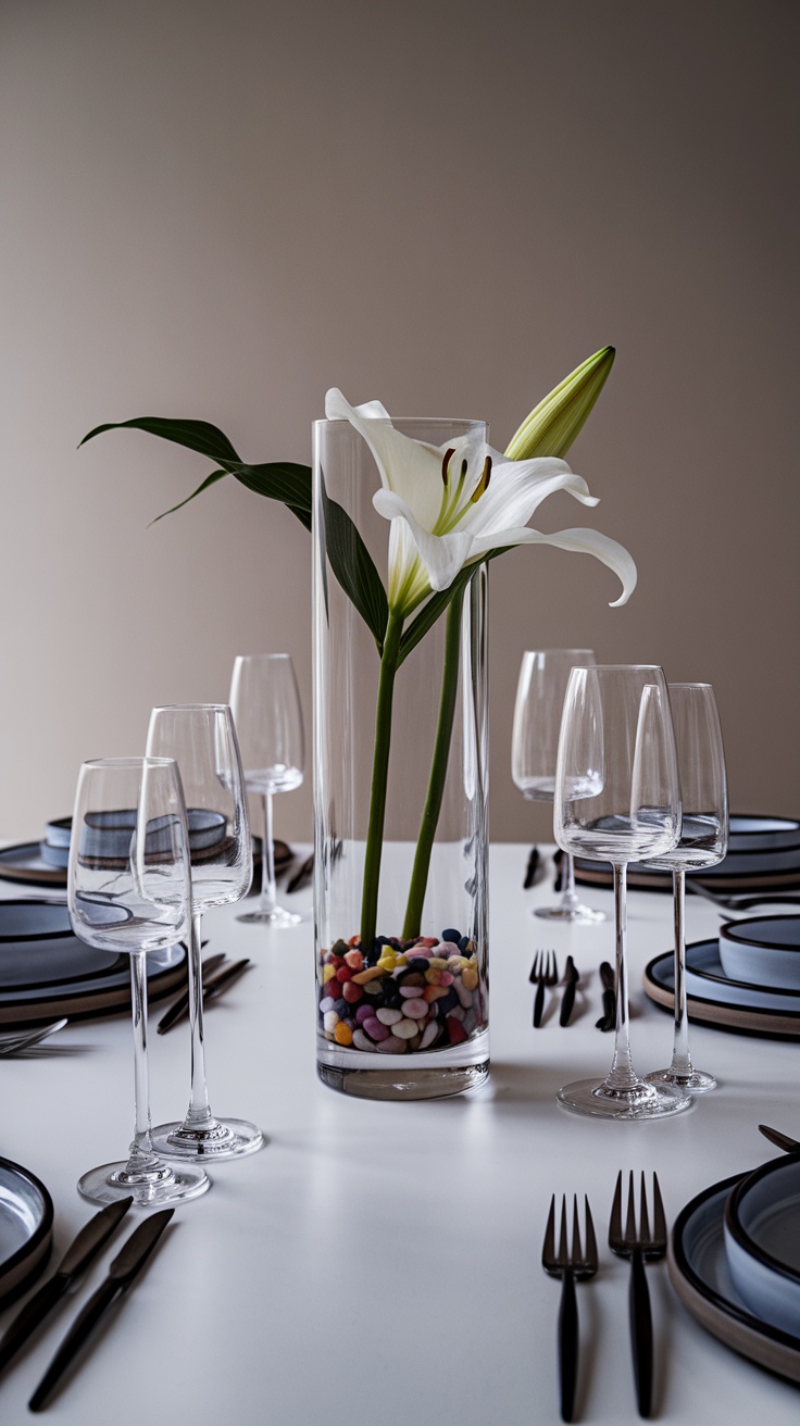 A dining table featuring a clear glass cylinder filled with jelly beans and topped with white lilies, surrounded by black plates and elegant glassware.