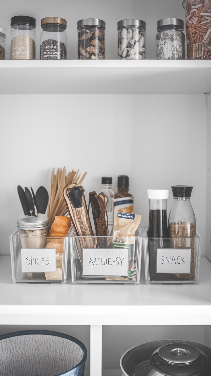 Organized pantry with Ikea Variera Boxes labeled for spices, miscellaneous items, and snacks.