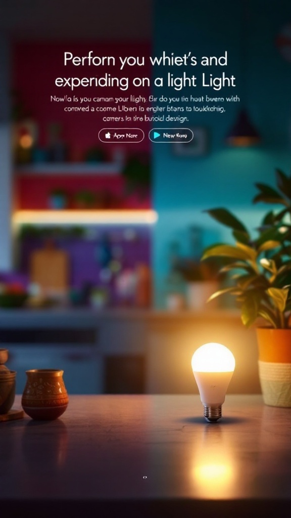 A warm white kitchen featuring a Lifx Mini Color Smart LED light bulb on the countertop, surrounded by decorative pots and a plant.