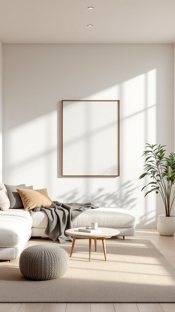 A minimalist living room with a neutral color palette, cozy textiles, and a green plant.