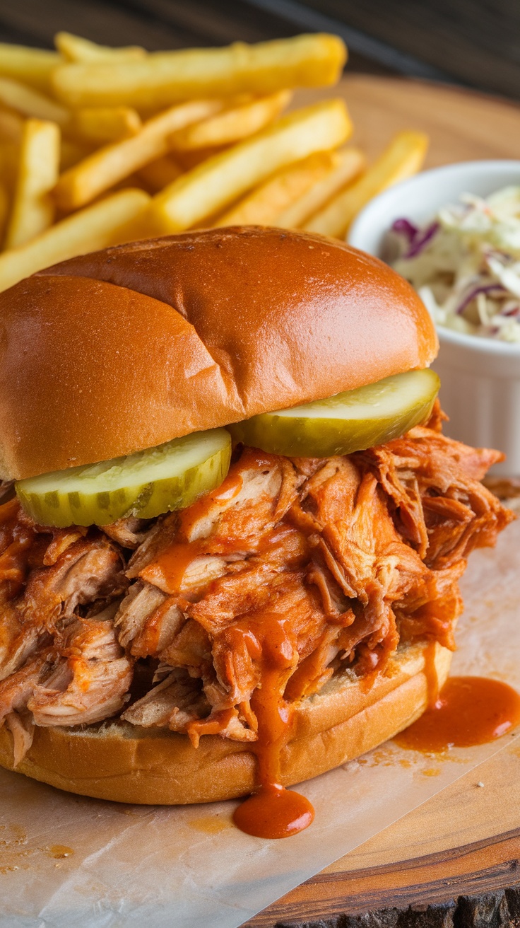 A delicious Mississippi chicken sandwich with shredded chicken and pickles on a bun.