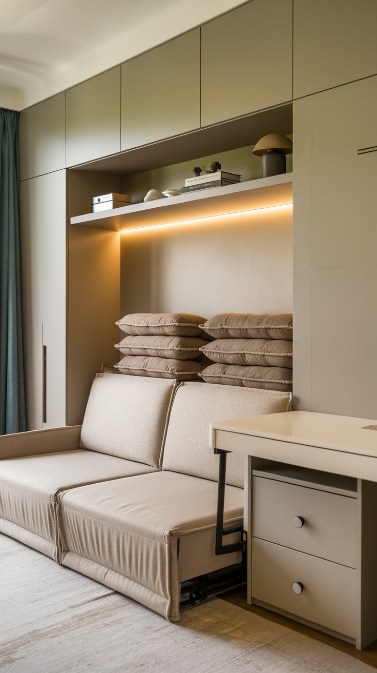 A multifunctional living space featuring a pull-out sofa and a compact desk.